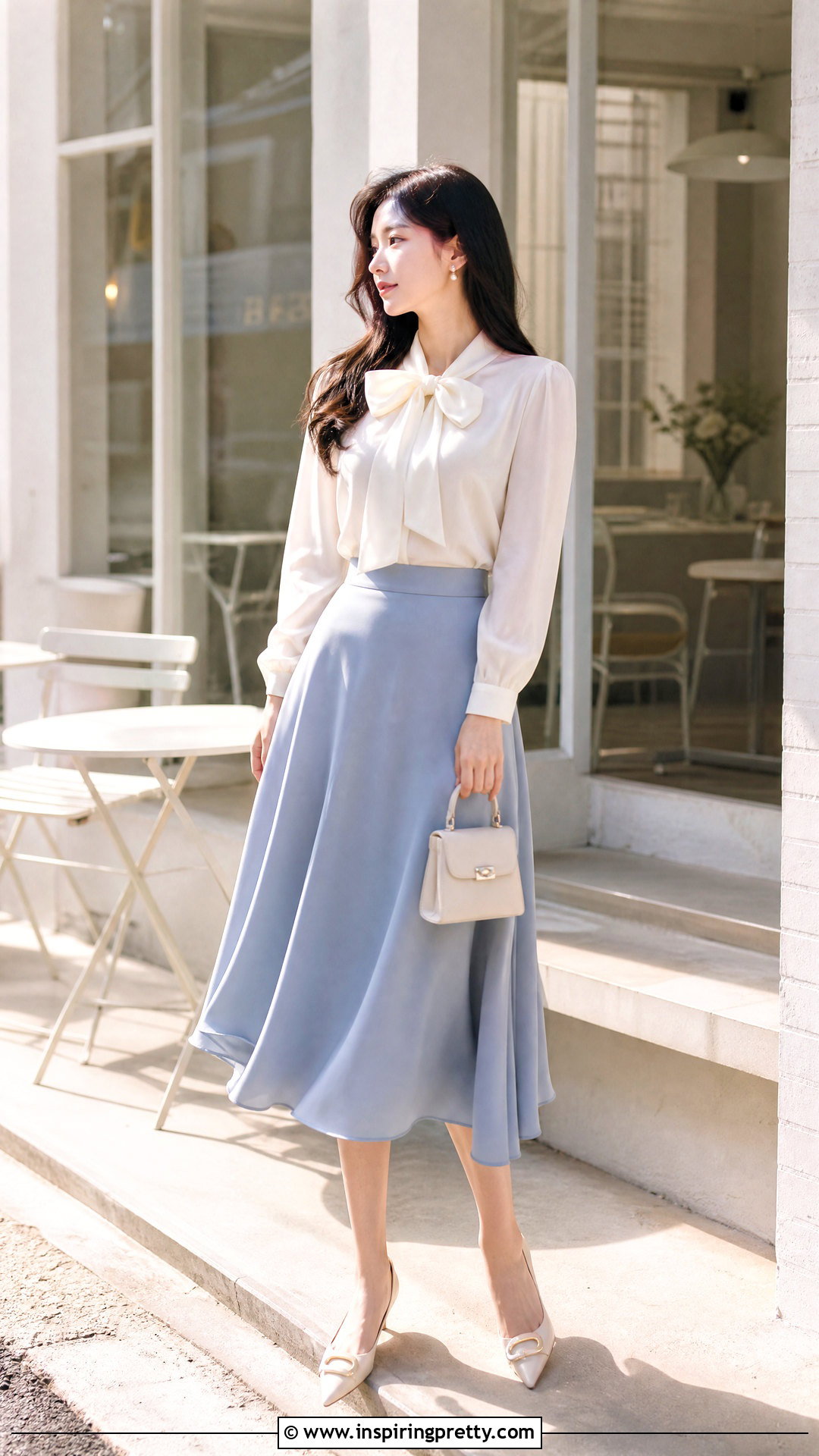 Korean Bow Blouse With Midi Skirt - 50 korean tops outfit ideas