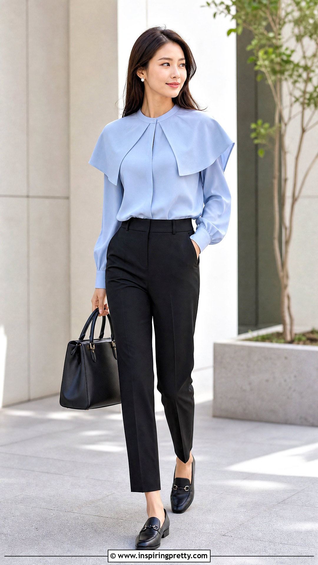 Korean Cape Collar Blouse With Tailored Pants - 50 korean tops outfit ideas