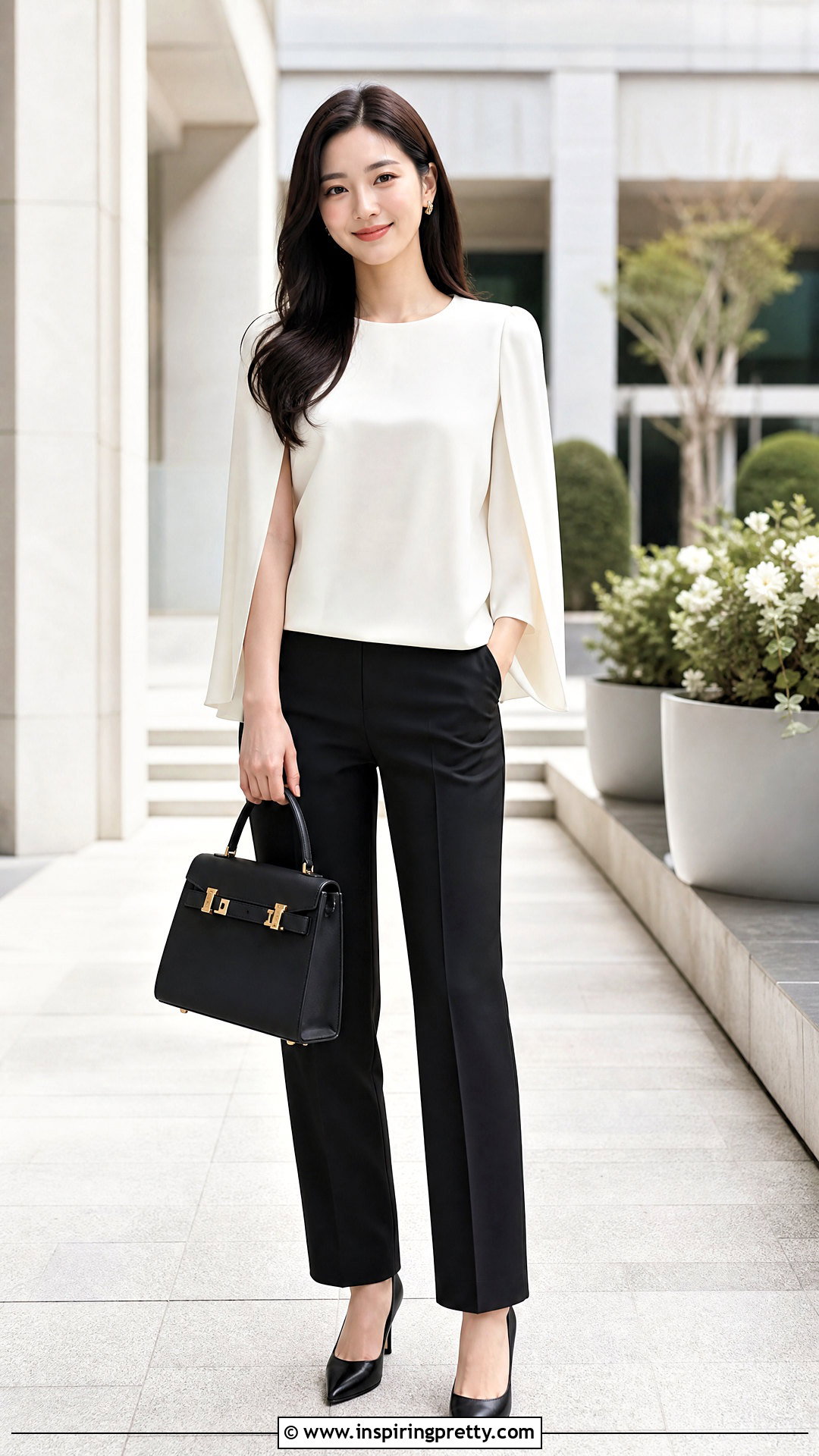Korean Cape Sleeve Top With Slim Trousers - 50 korean tops designs