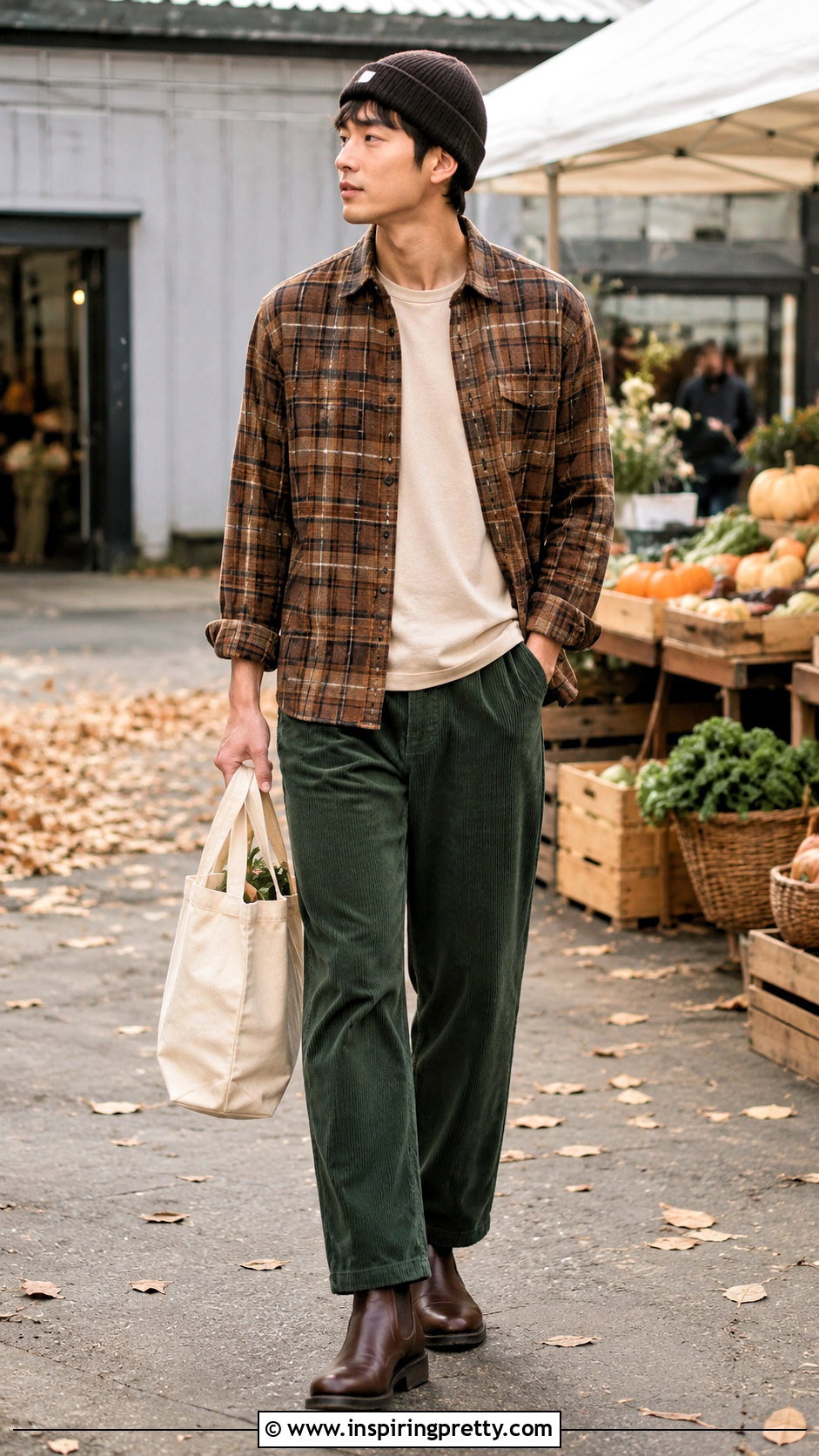 Korean Check Shirt And Corduroy Pants Outfit - 50 korean tops outfits
