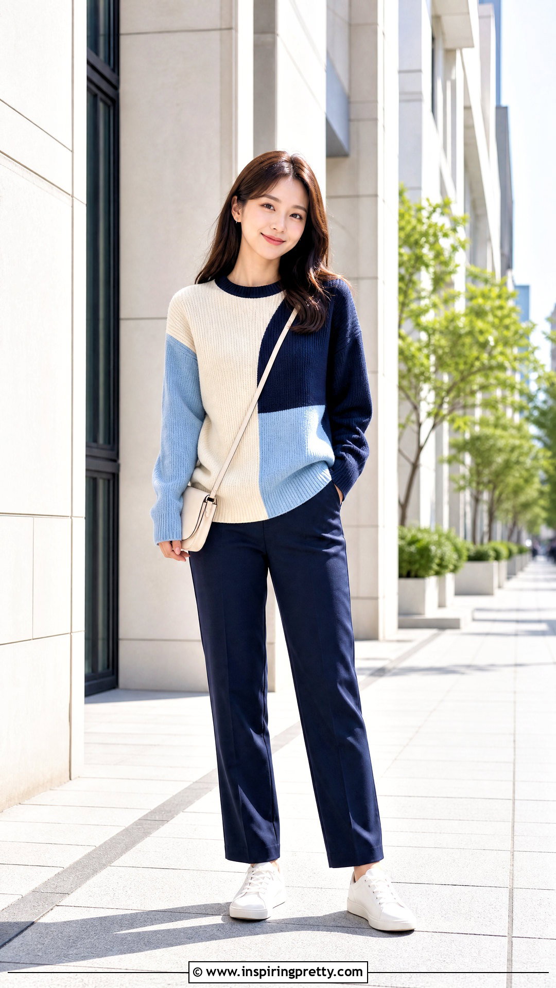 Korean Color Block Sweater With Straight Pants - 50 korean tops outfit ideas