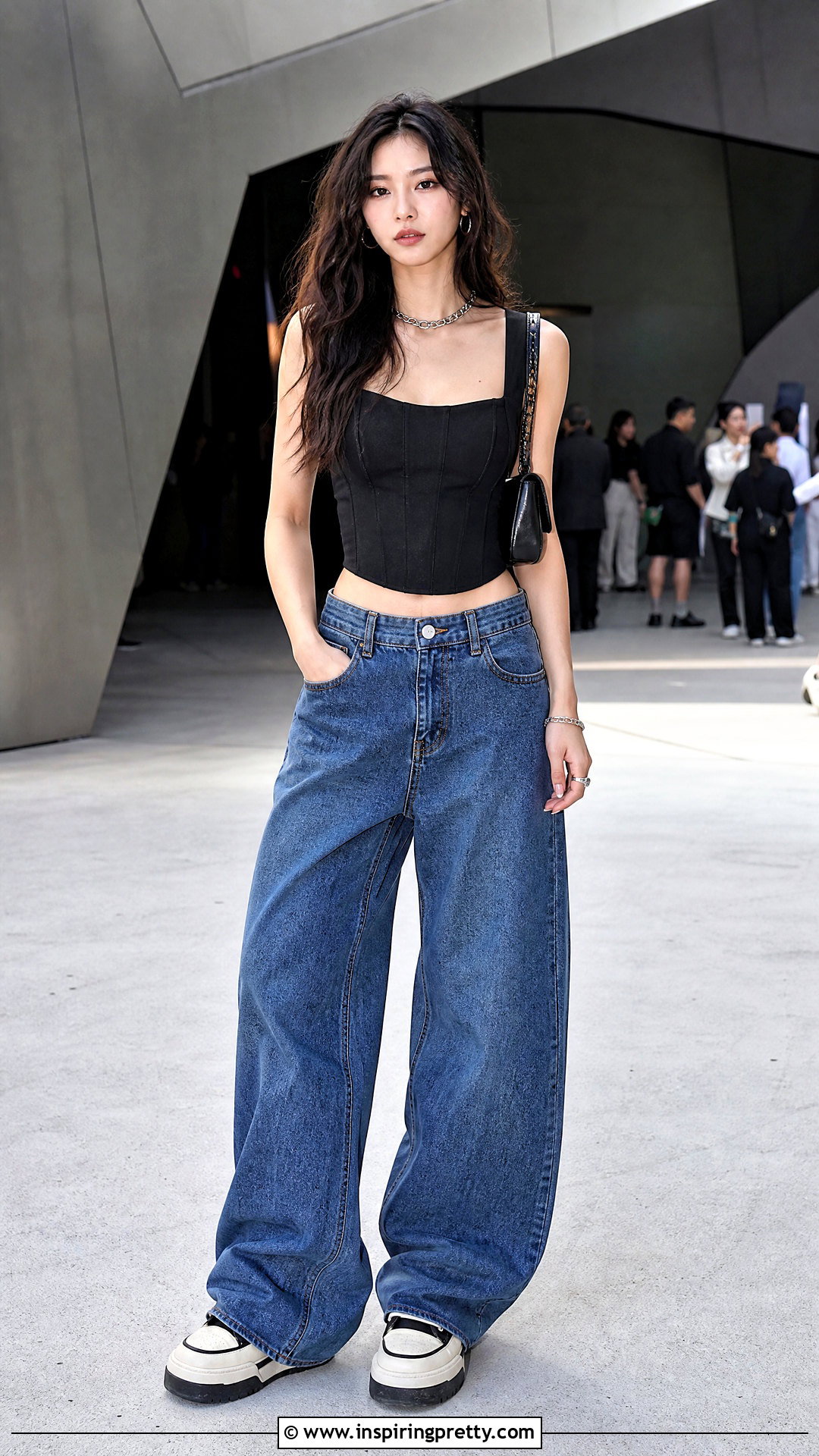 Korean Corset Seam Top With Baggy Jeans - 50 korean tops designs