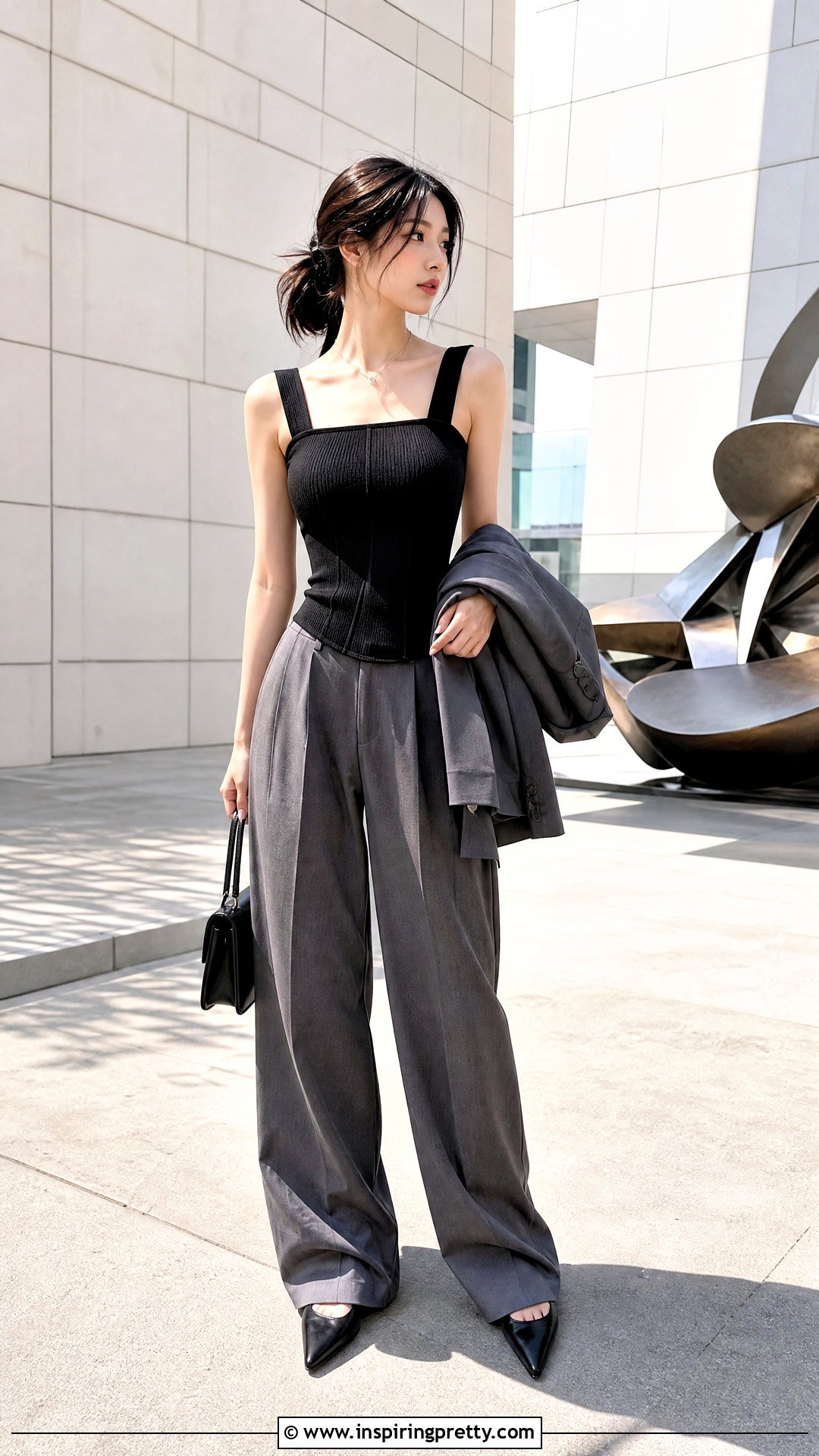 Korean Corset Style Top With Loose Trousers - 50 korean tops outfit ideas