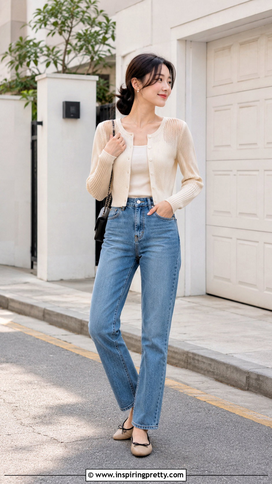 Korean Cropped Cardigan And High Waisted Jeans Outfit - 50 korean fashion top outfit ideas