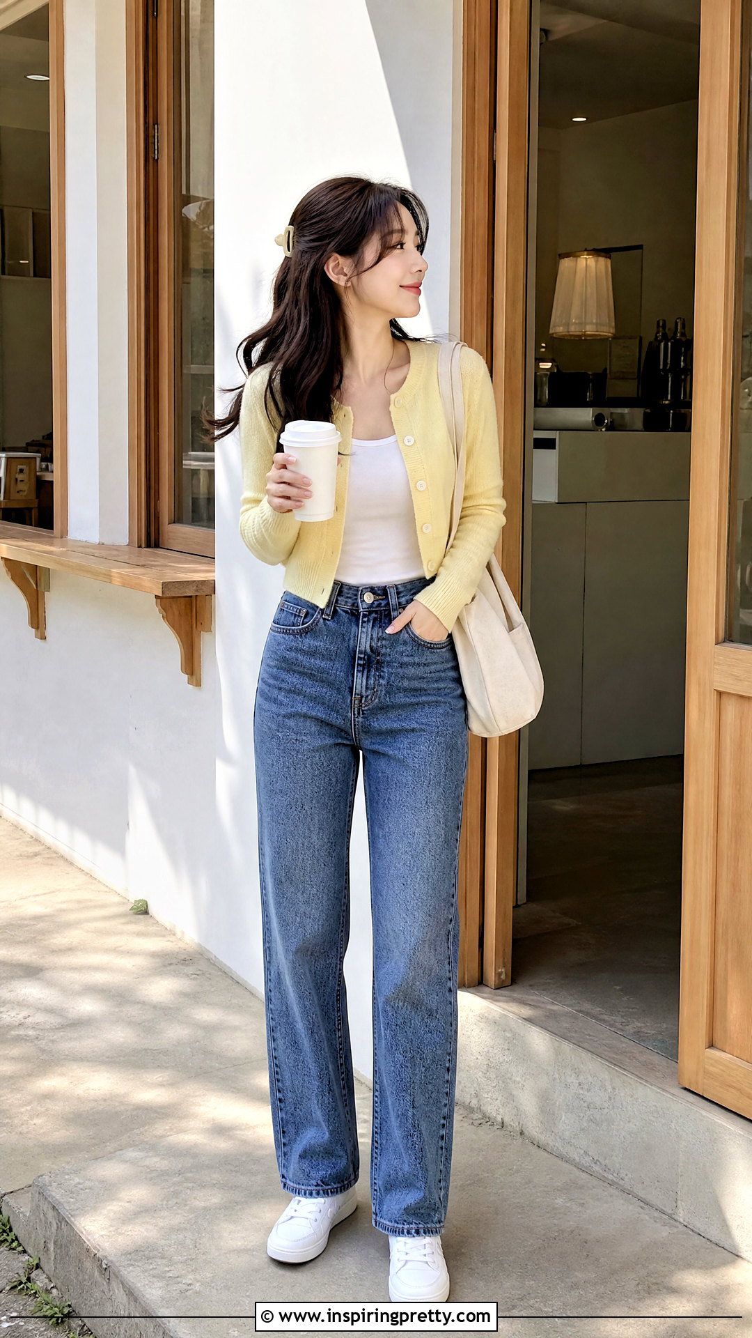 Korean Cropped Cardigan With High Waisted Jeans - 50 korean tops designs