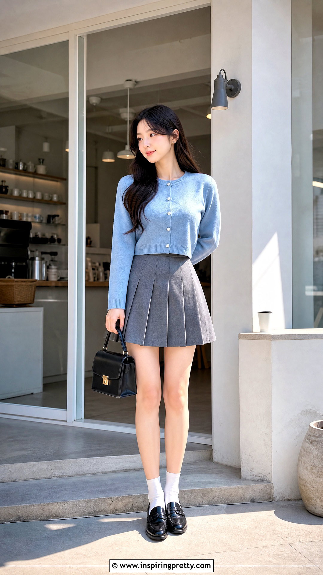 Korean Cropped Cardigan With Pleated Skirt - 50 cute korean tops outfit ideas