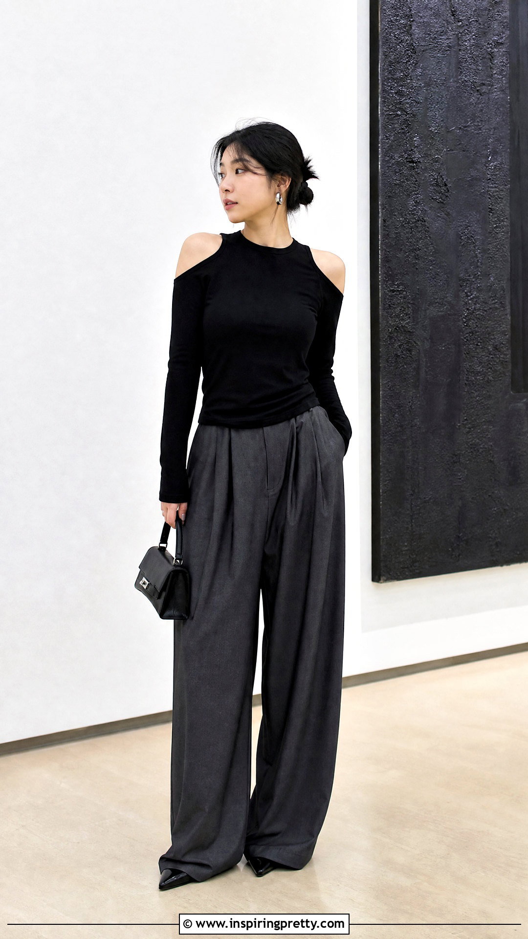 Korean Cutout Shoulder Top With Maxi Pants - 50 korean tops designs