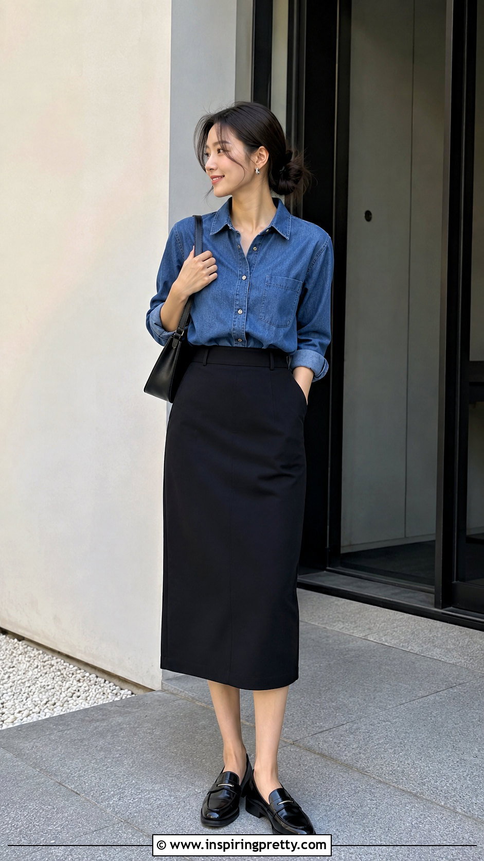 Korean Denim Shirt And Black Skirt Outfit - 50 korean fashion top outfit ideas