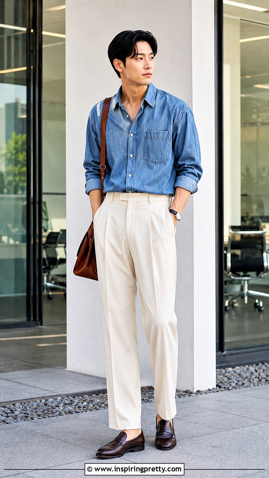 Korean Denim Shirt And Pleated Trousers Outfit - 50 korean tops outfits