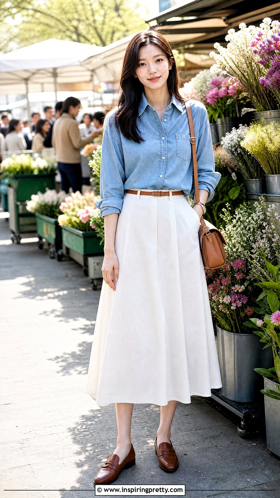 Korean Denim Shirt With White Midi Skirt - 50 cute korean tops outfit ideas