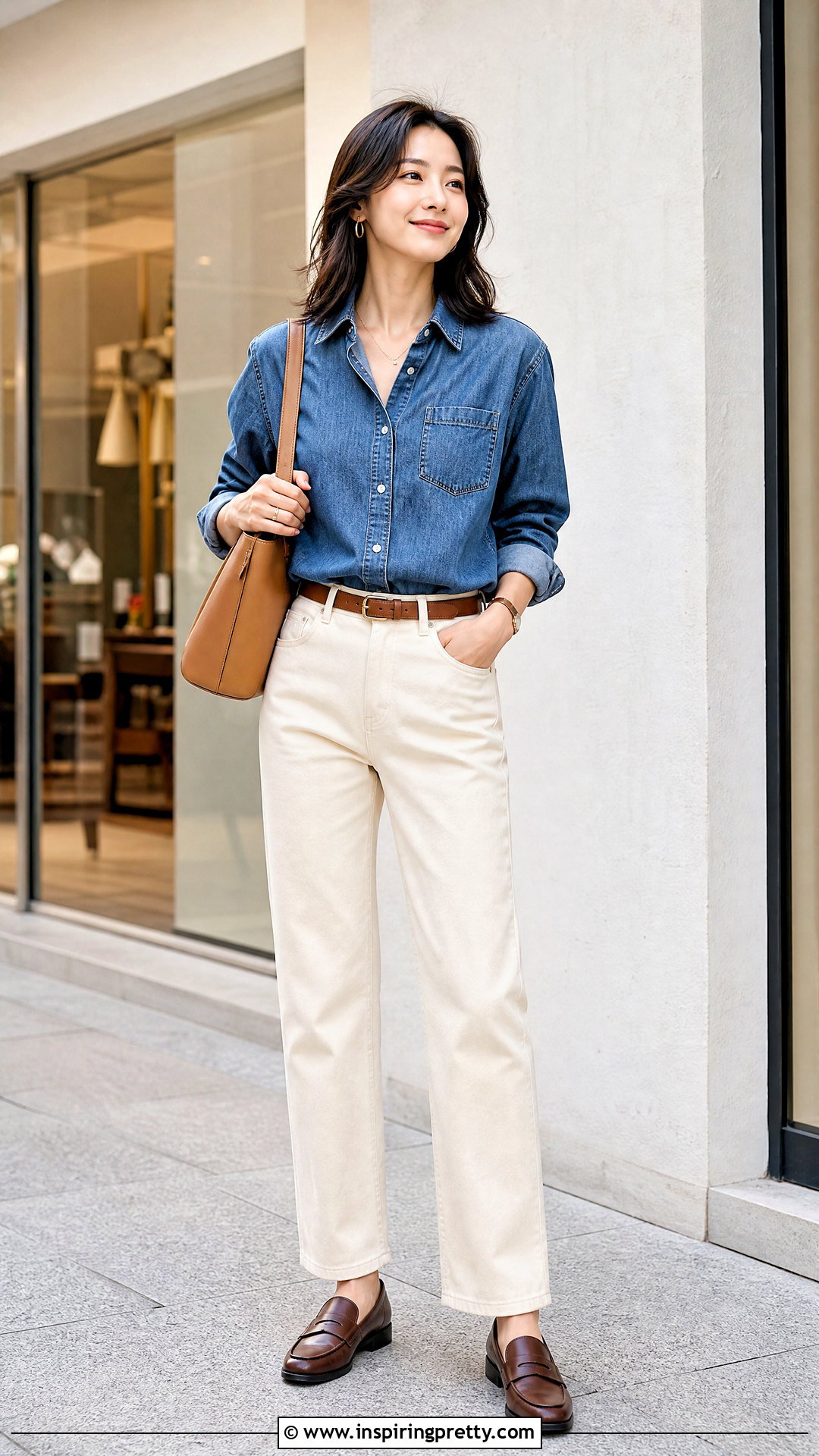 Korean Denim Top With Cream Pants - 50 korean tops designs