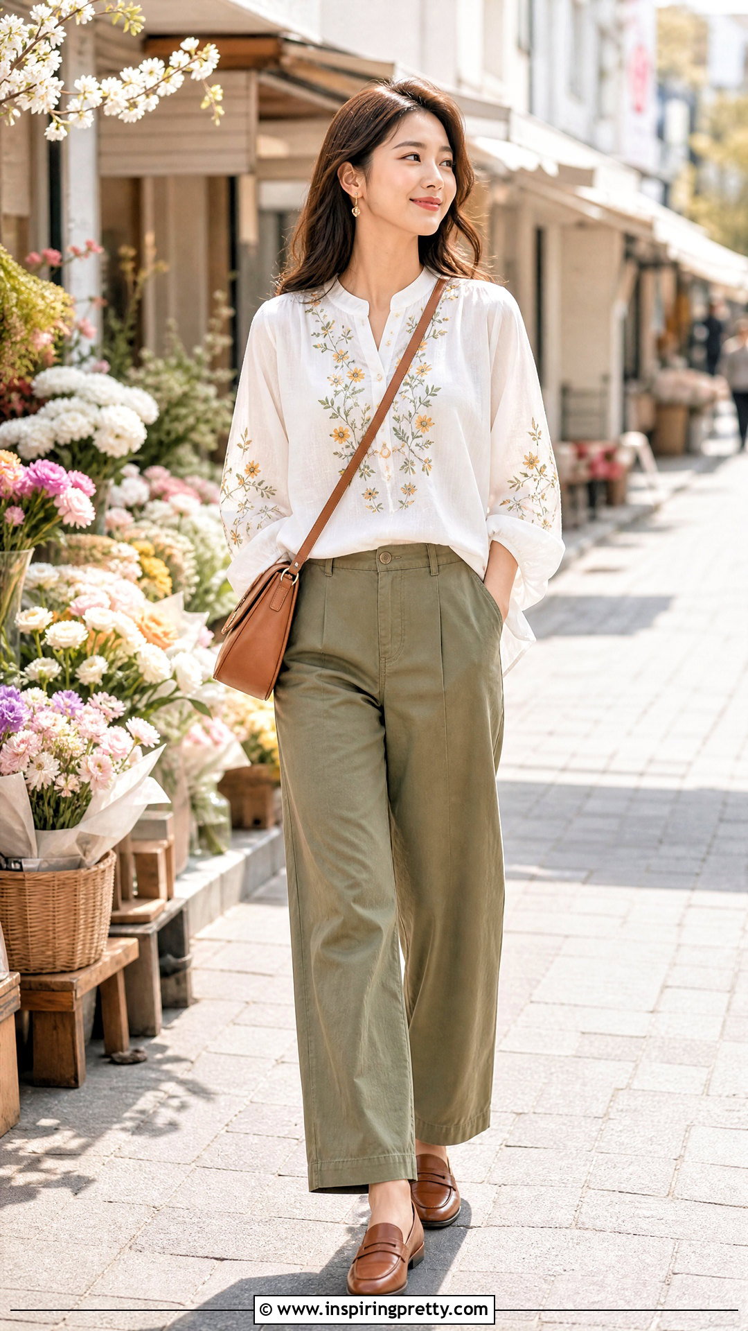 Korean Embroidered Blouse With Khaki Pants - 50 korean tops outfit ideas