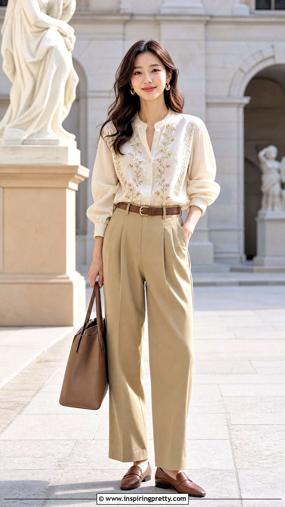 Korean Embroidered Blouse With Khaki Pants - 50 cute korean tops outfit ideas