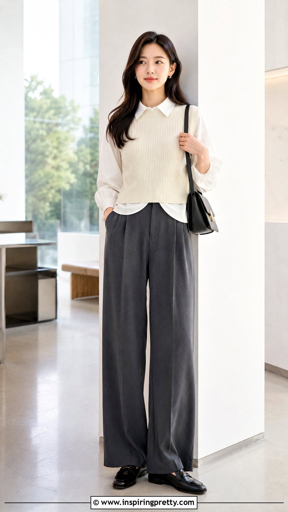 Korean Faux Layered Top And Wide Leg Pants Outfit - 50 korean tops outfits