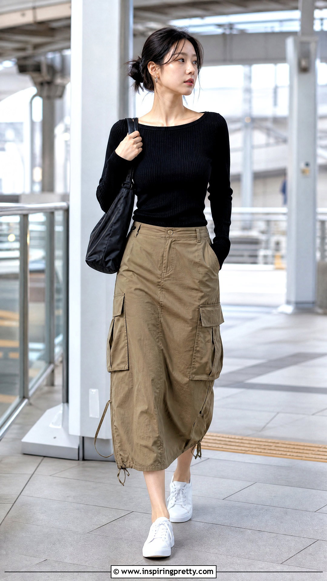 Korean Fitted Long Sleeve Top With Cargo Skirt - 50 cute korean tops outfit ideas