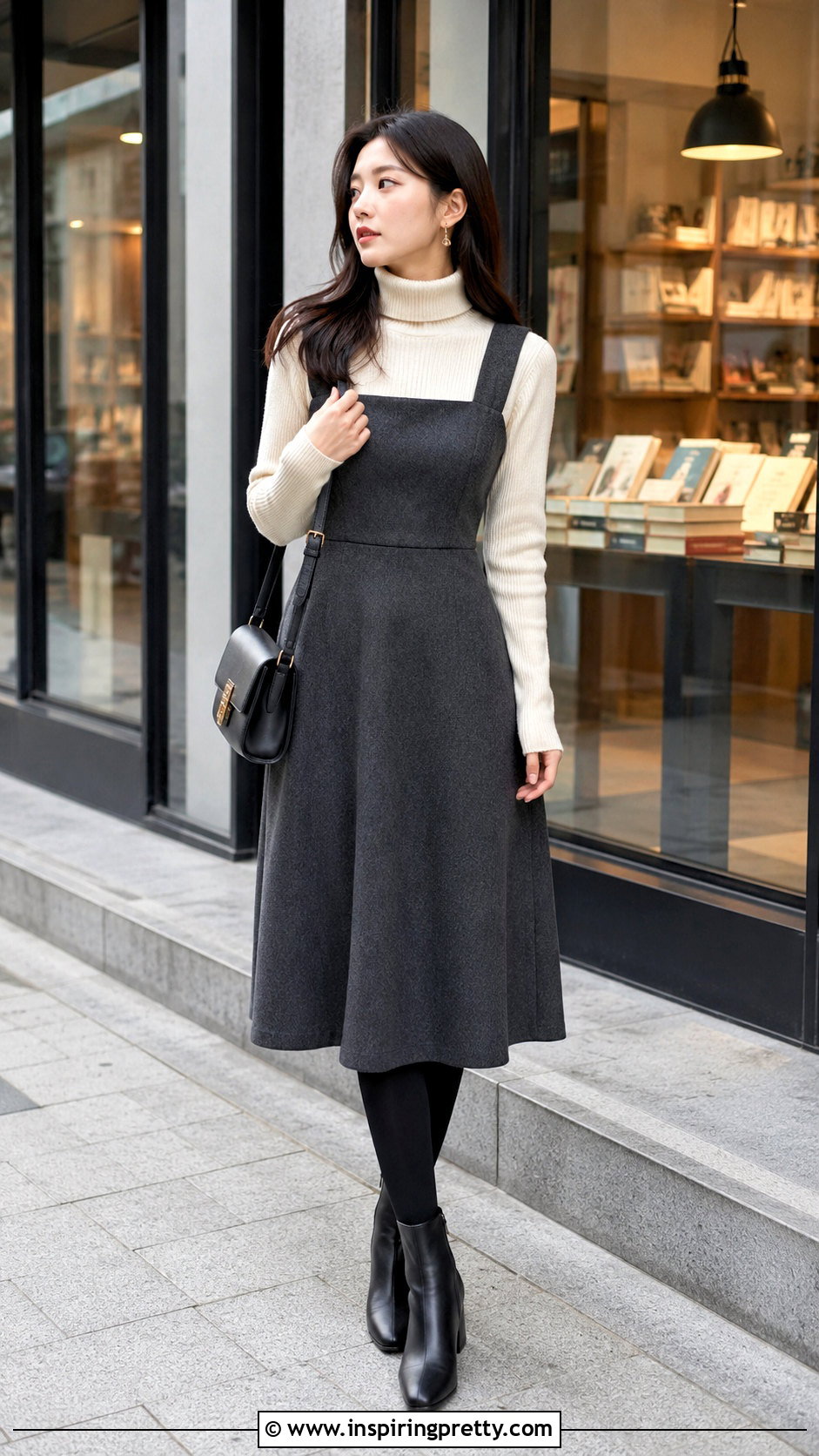 Korean Fitted Turtleneck And Pinafore Dress Outfit - 50 korean tops outfits