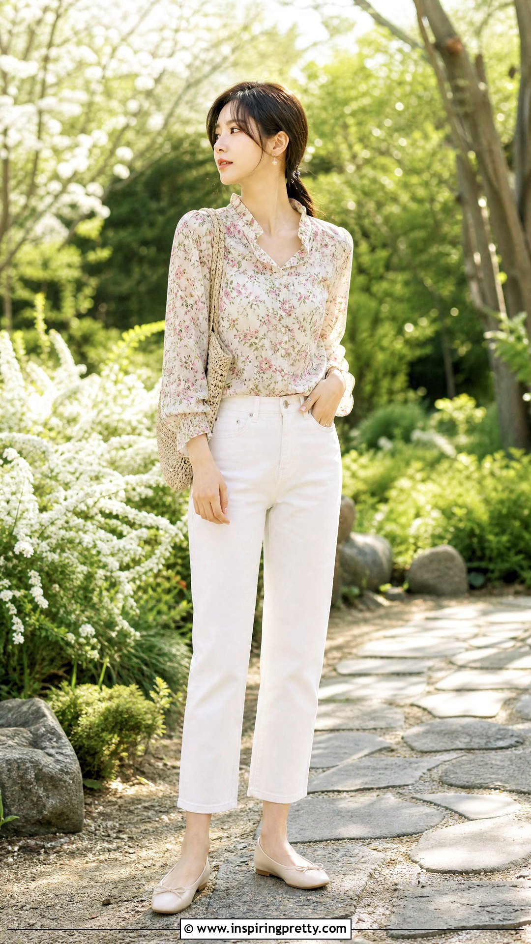 Korean Floral Blouse With White Jeans - 50 korean tops designs