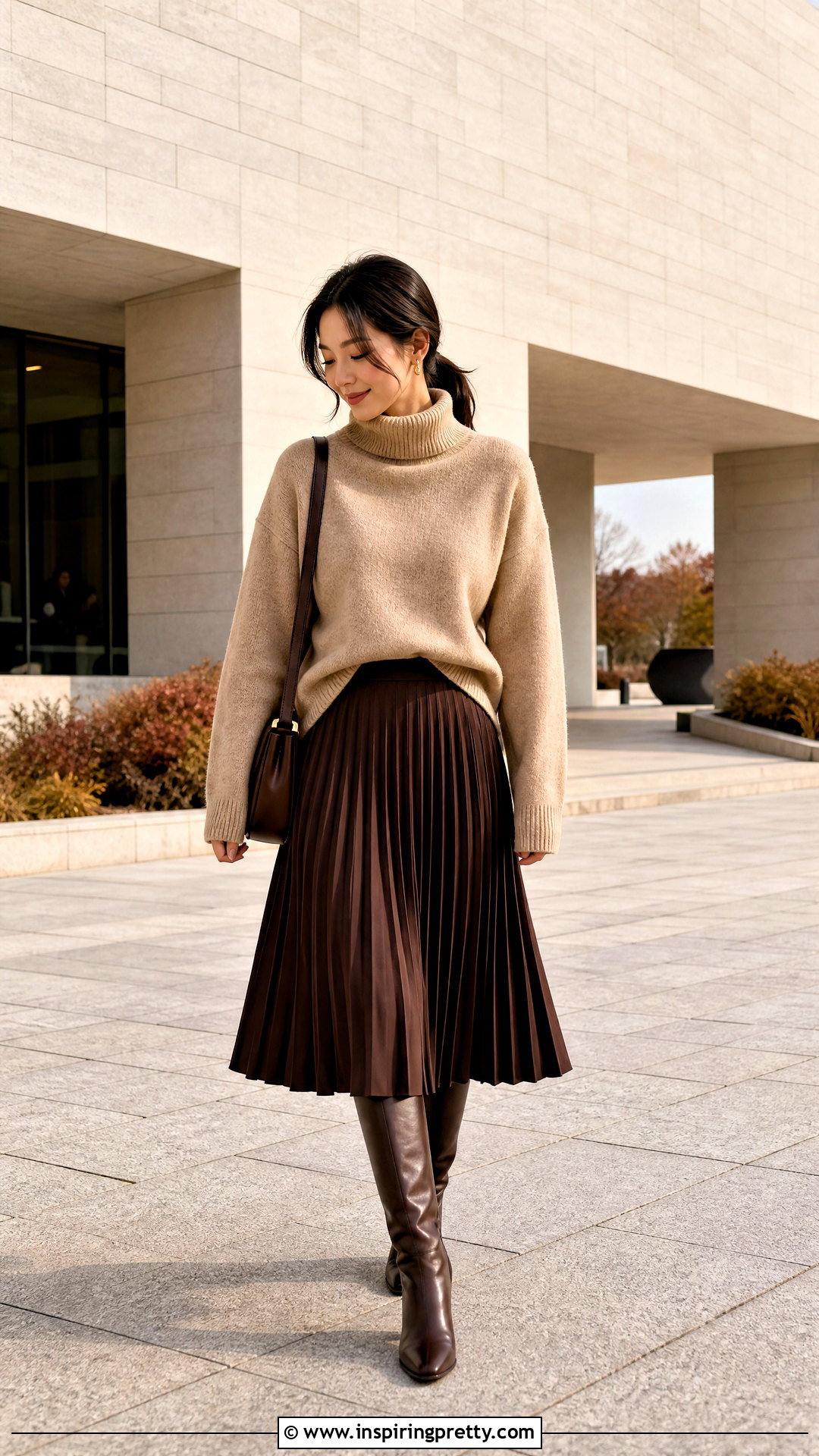 Korean Funnel Neck Top With Midi Skirt - 50 korean tops designs