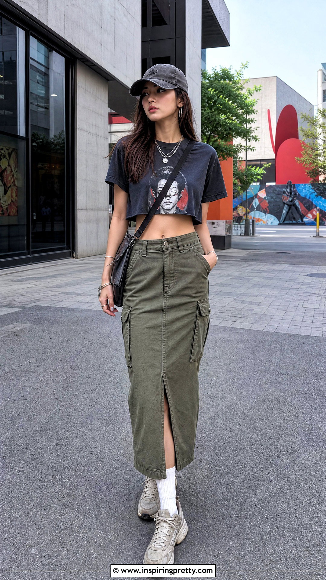 Korean Graphic Crop Top With Cargo Skirt - 50 korean crop top outfit ideas