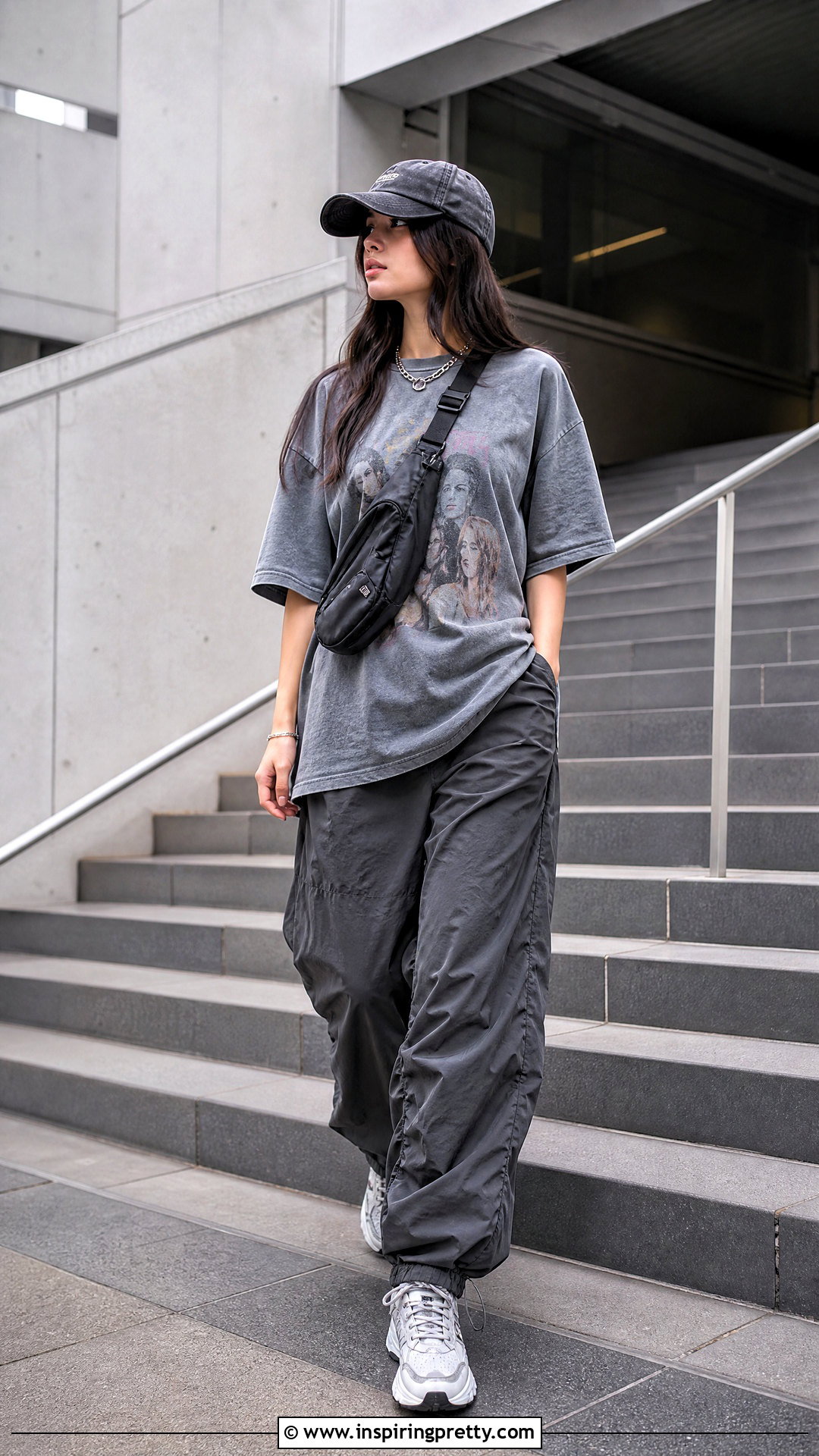 Korean Graphic Tee With Parachute Pants - 50 korean tops outfit ideas