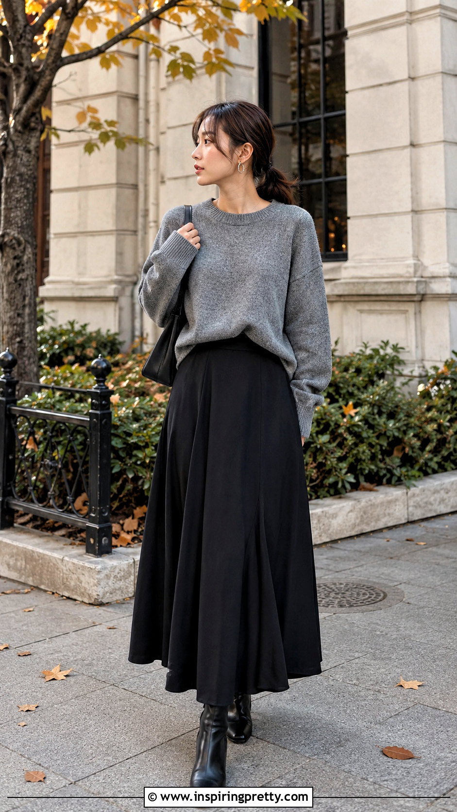 Korean Gray Sweater And Black Maxi Skirt Outfit - 50 korean fashion top outfit ideas