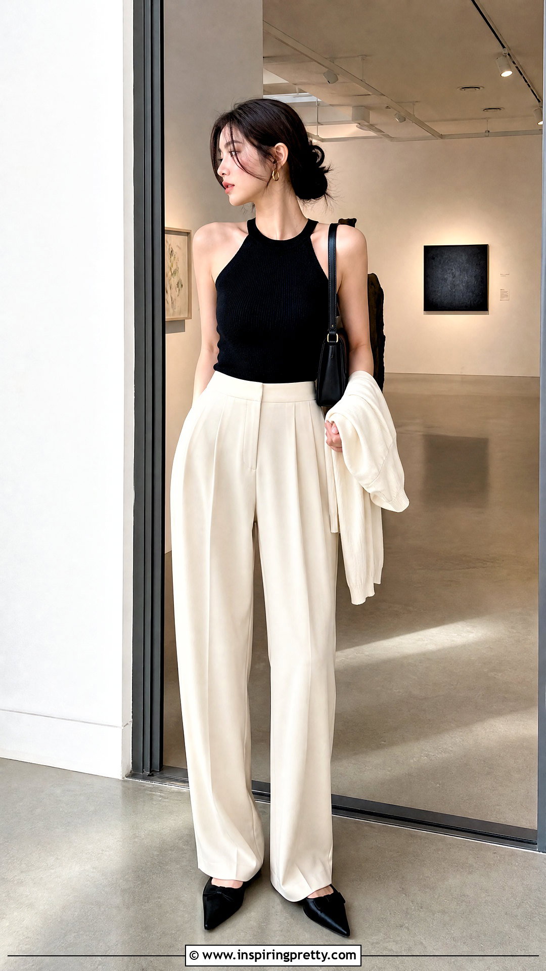 Korean Halter Knit Top With Loose Trousers - 50 cute korean tops outfit ideas