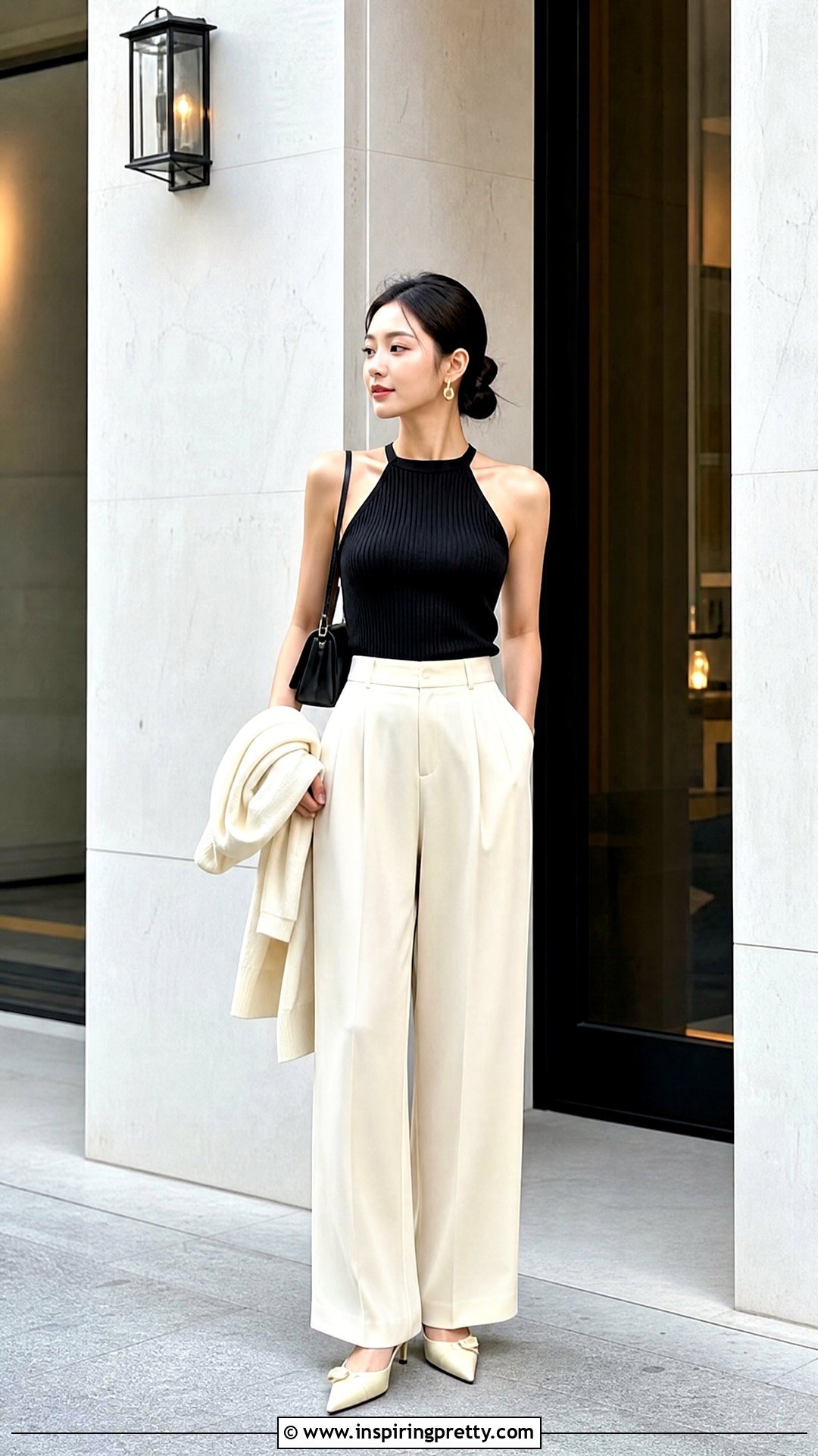 Korean Halter Knit Top With Wide Leg Pants - 50 korean tops designs