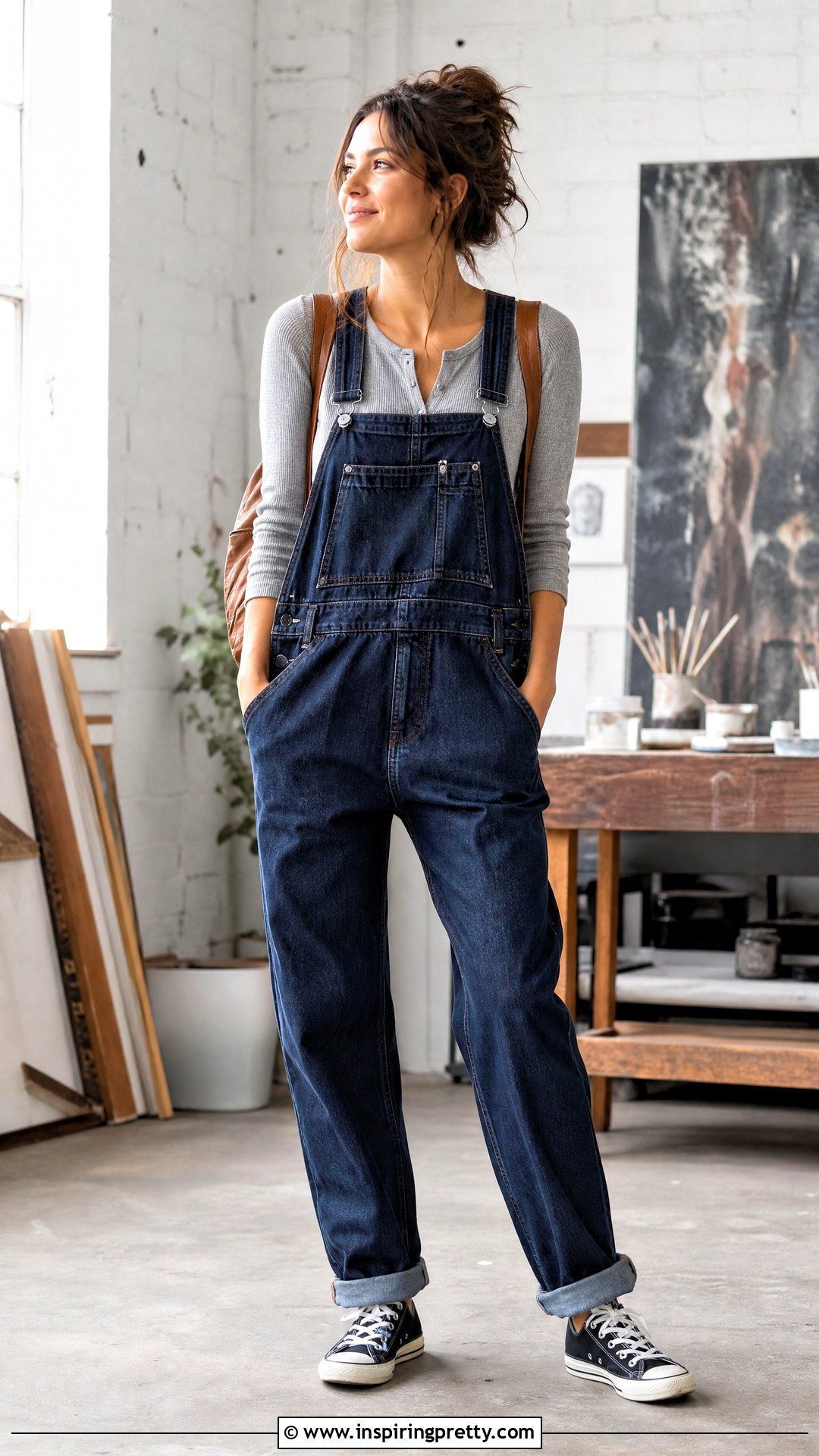 Korean Henley Top With Denim Overalls - 50 cute korean tops outfit ideas