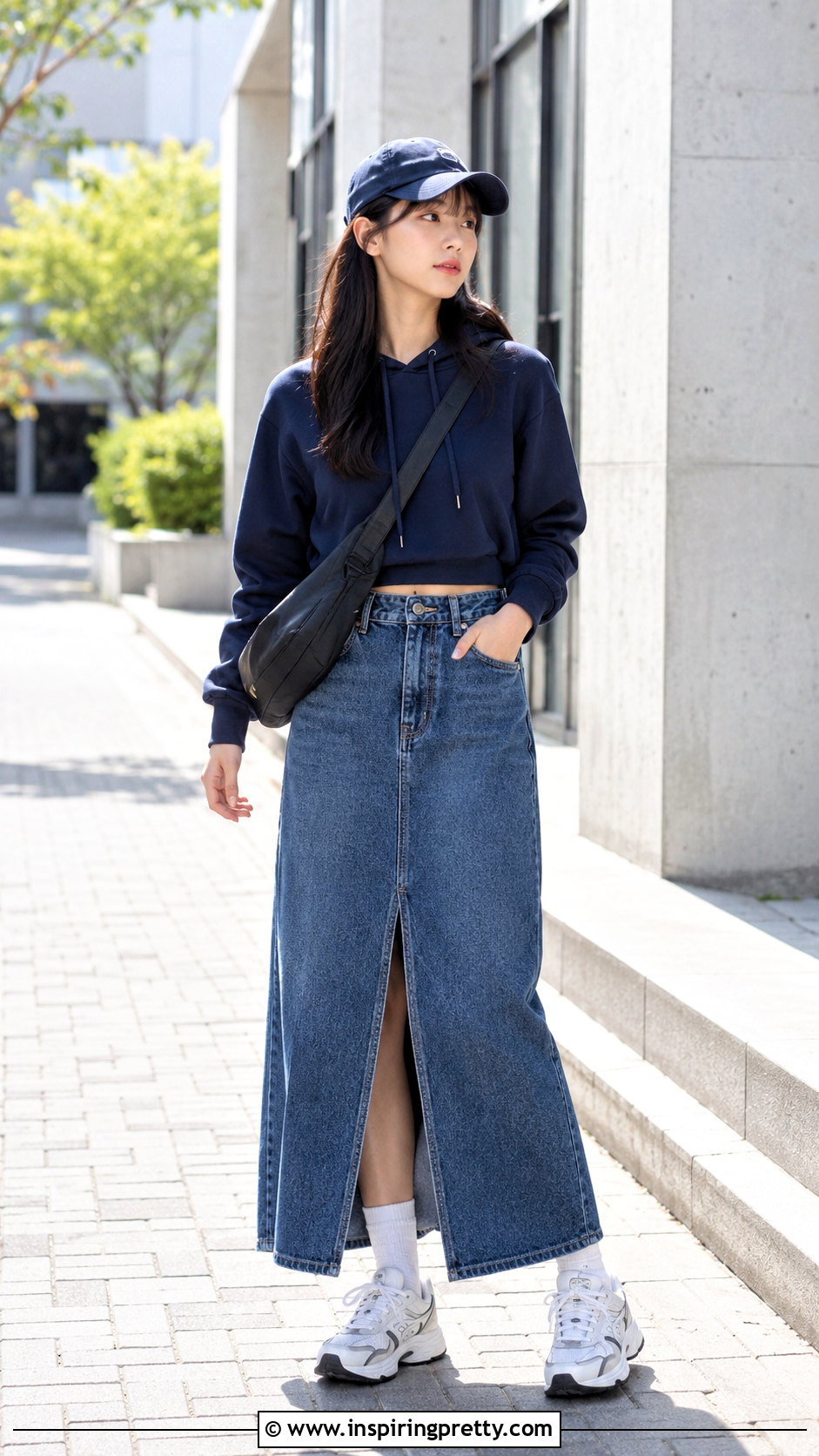 Korean Hoodie And Long Denim Skirt Outfit - 50 korean tops outfits