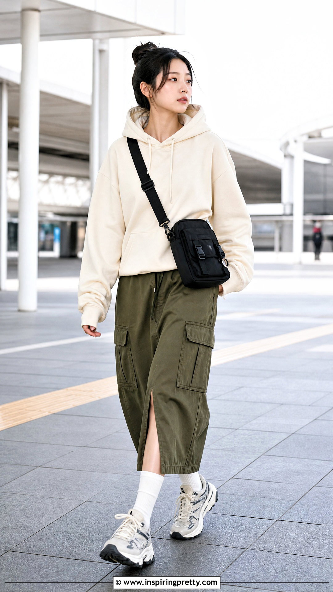 Korean Hoodie With Cargo Skirt - 50 korean tops outfit ideas