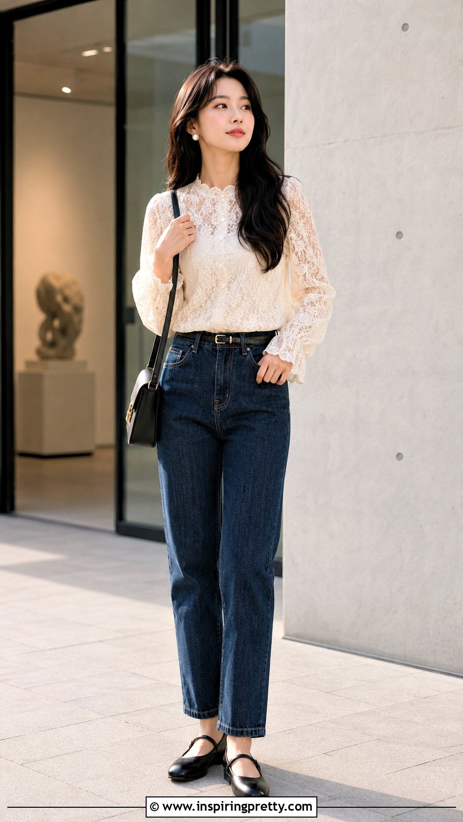 Korean Lace Blouse And Dark Denim Outfit - 50 korean tops outfits