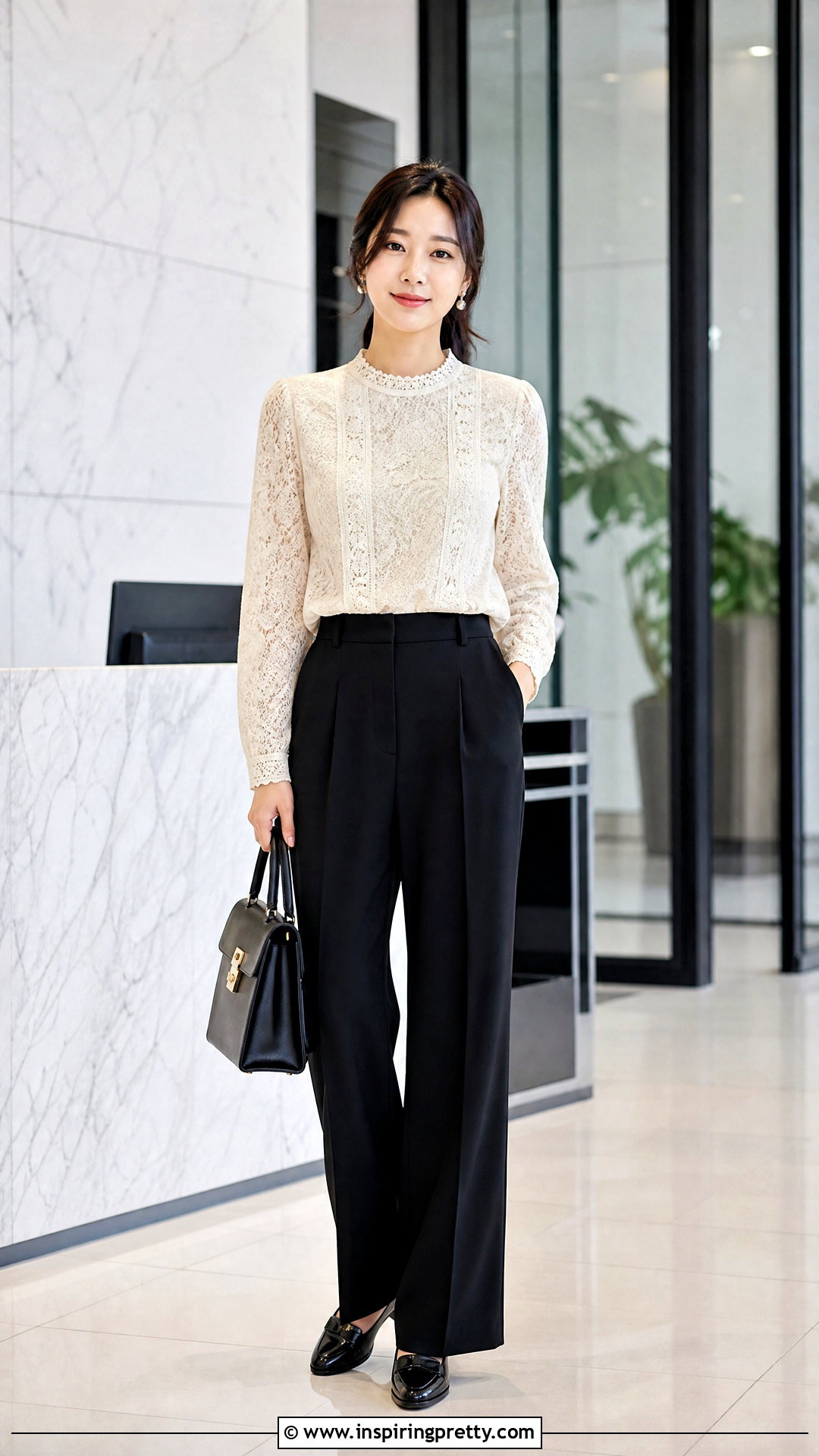 Korean Lace Blouse With Black Trousers - 50 korean tops outfit ideas