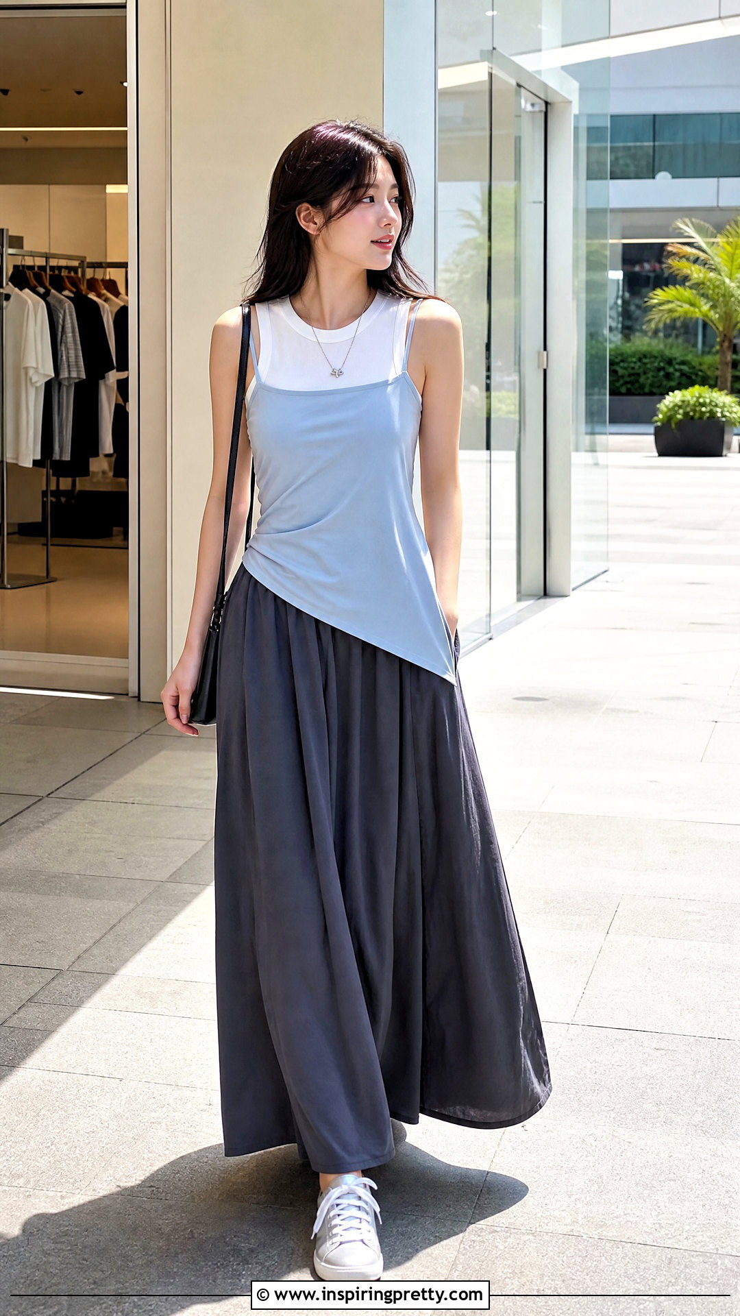 Korean Layered Tank Top With Maxi Skirt - 50 cute korean tops outfit ideas