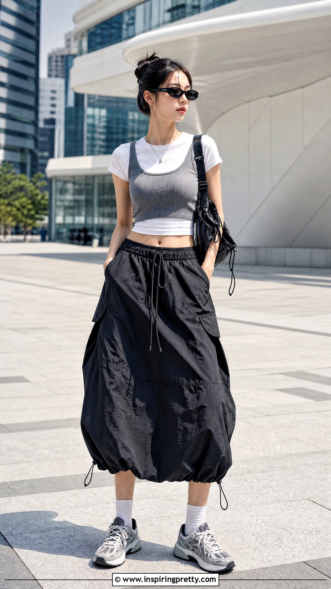 Korean Layered Tank Top With Parachute Skirt - 50 korean tops outfit ideas