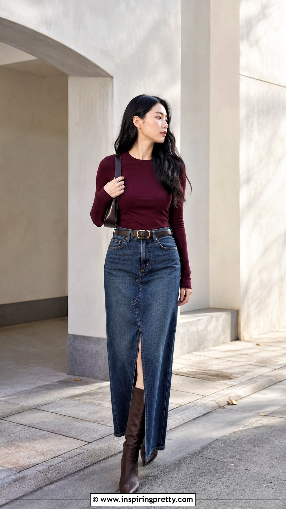 Korean Long Sleeve Top And Denim Maxi Skirt Outfit - 50 korean fashion top outfit ideas