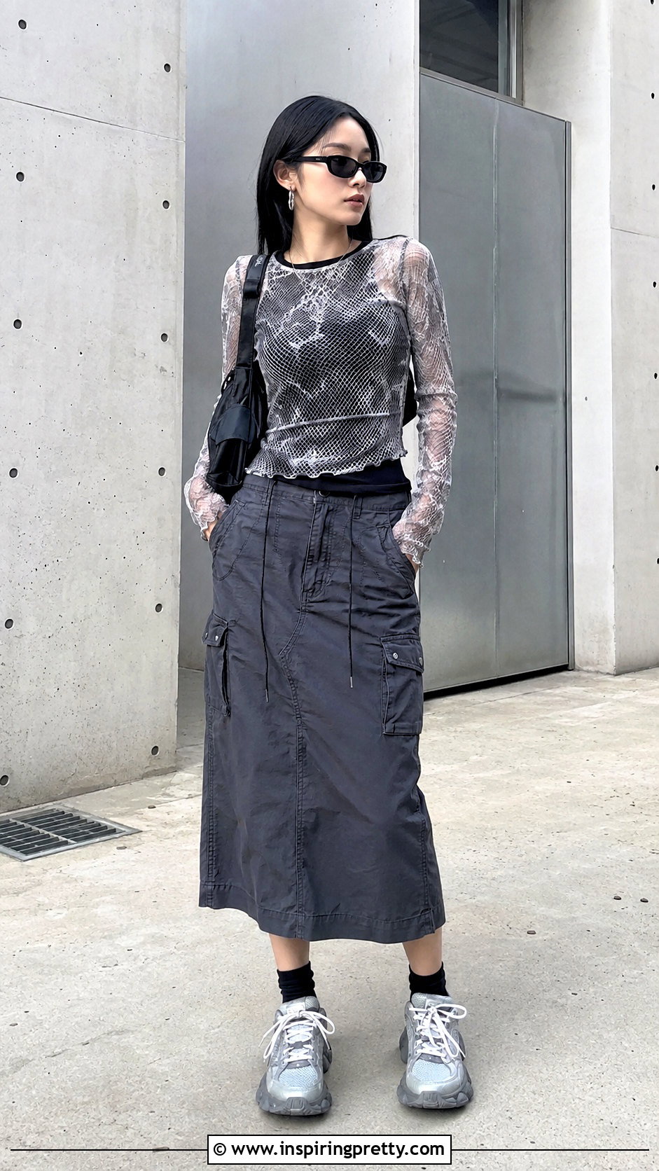 Korean Mesh Layered Top And Cargo Skirt Outfit - 50 korean tops outfits