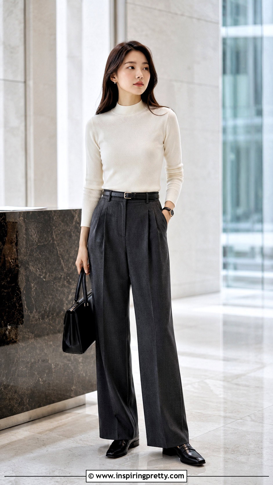 Korean Mock Neck Top And Tailored Trousers Outfit - 50 korean tops outfits