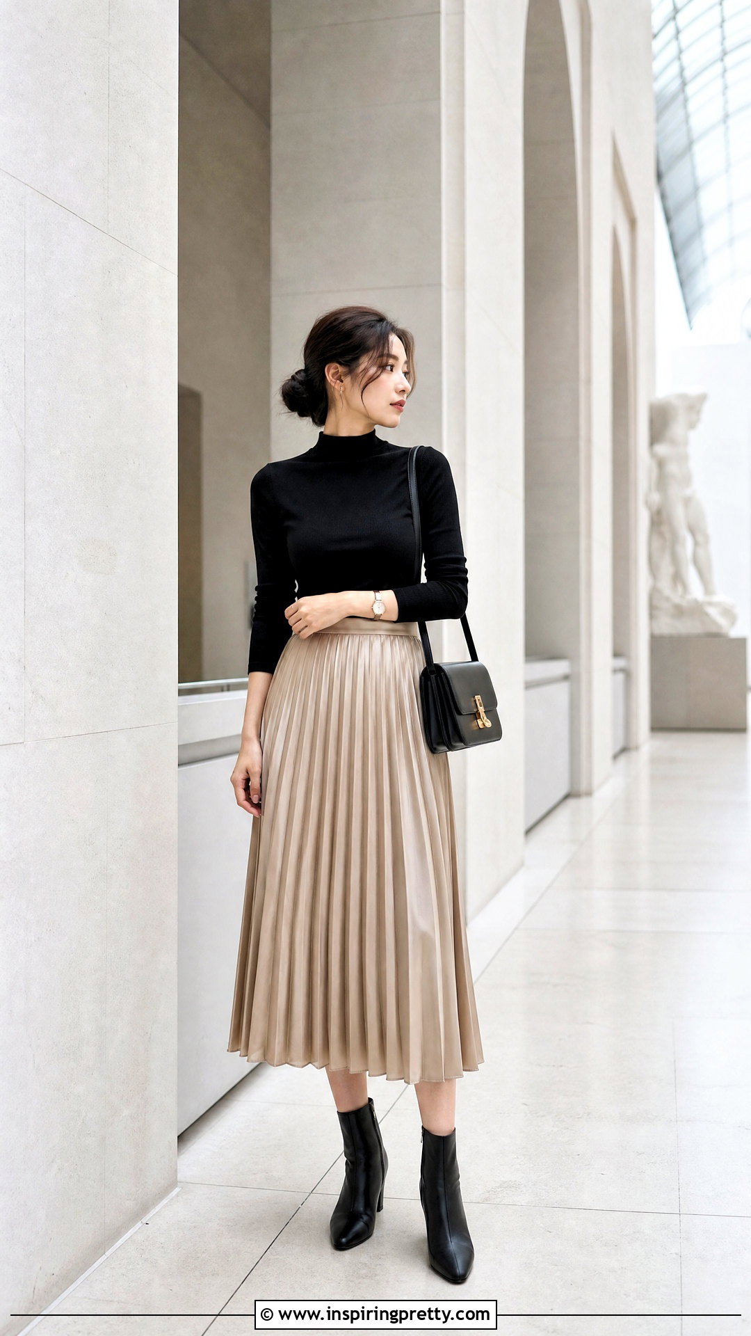 Korean Mock Neck Top With Midi Skirt - 50 korean tops outfit ideas