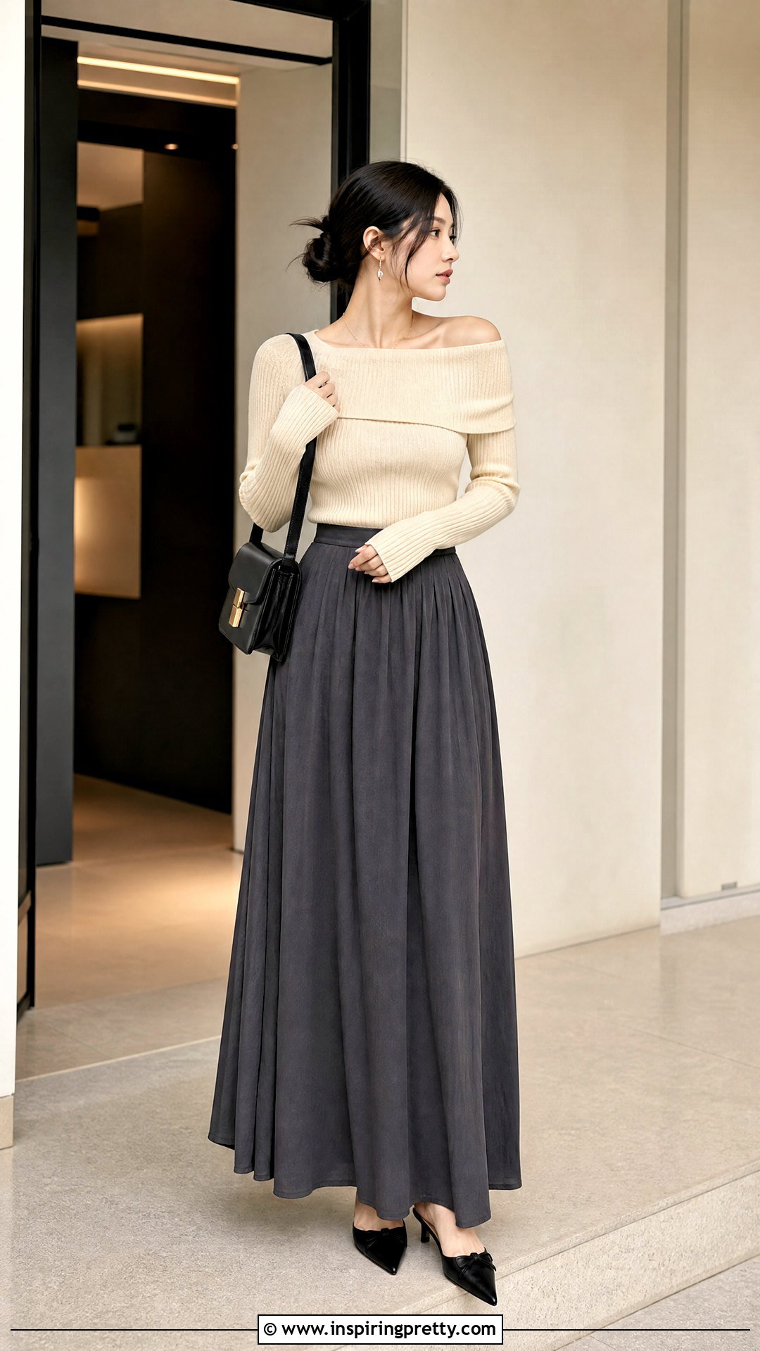 Korean Off Shoulder Knit Top With Maxi Skirt - 50 cute korean tops outfit ideas