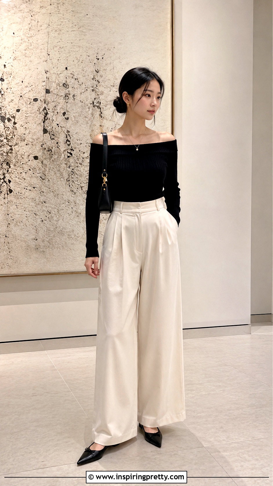 Korean Off Shoulder Top And Wide Leg Pants Outfit - 50 korean fashion top outfit ideas
