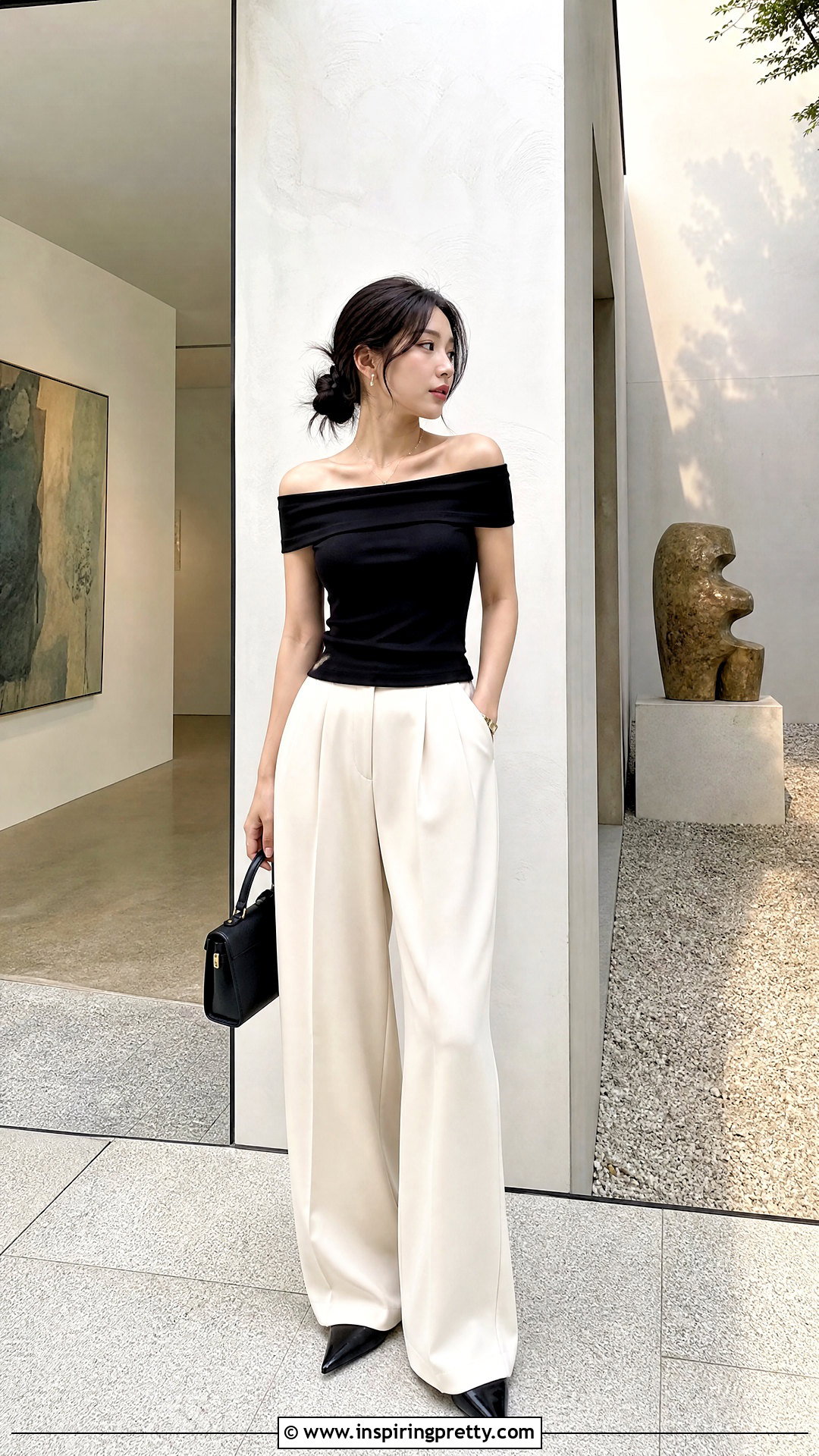 Korean Off Shoulder Top With Wide Leg Trousers - 50 korean tops outfit ideas