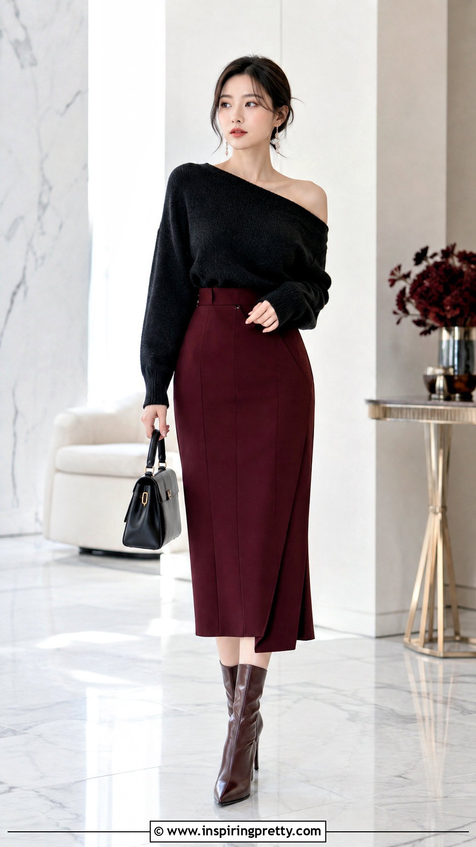 Korean One Shoulder Sweater And Tailored Skirt Outfit - 50 korean tops outfits