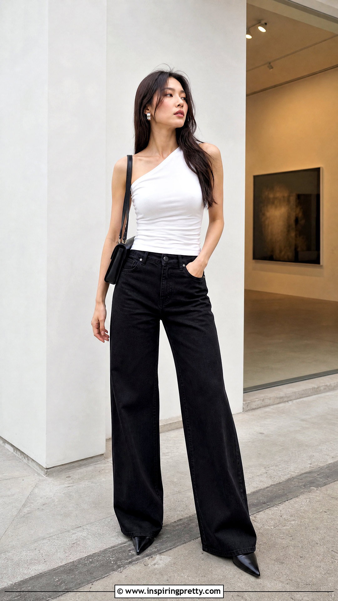 Korean One Shoulder Top With Black Jeans - 50 korean tops outfit ideas