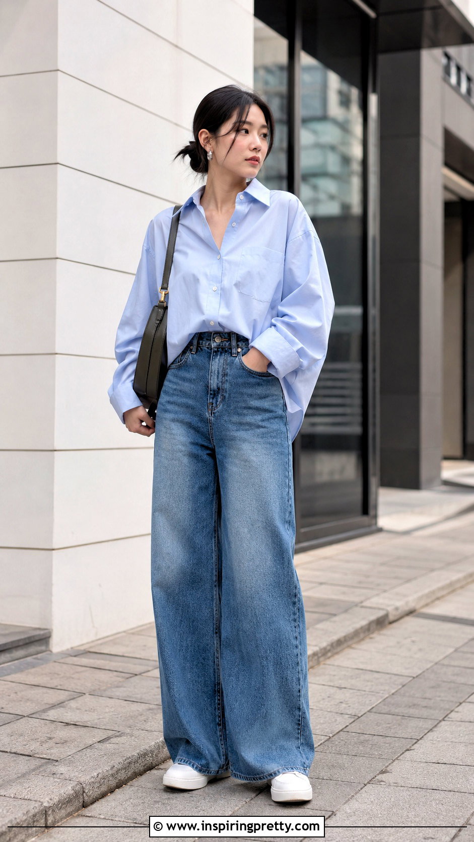 Korean Oversized Shirt And Wide Leg Jeans Outfit - 50 korean fashion top outfit ideas