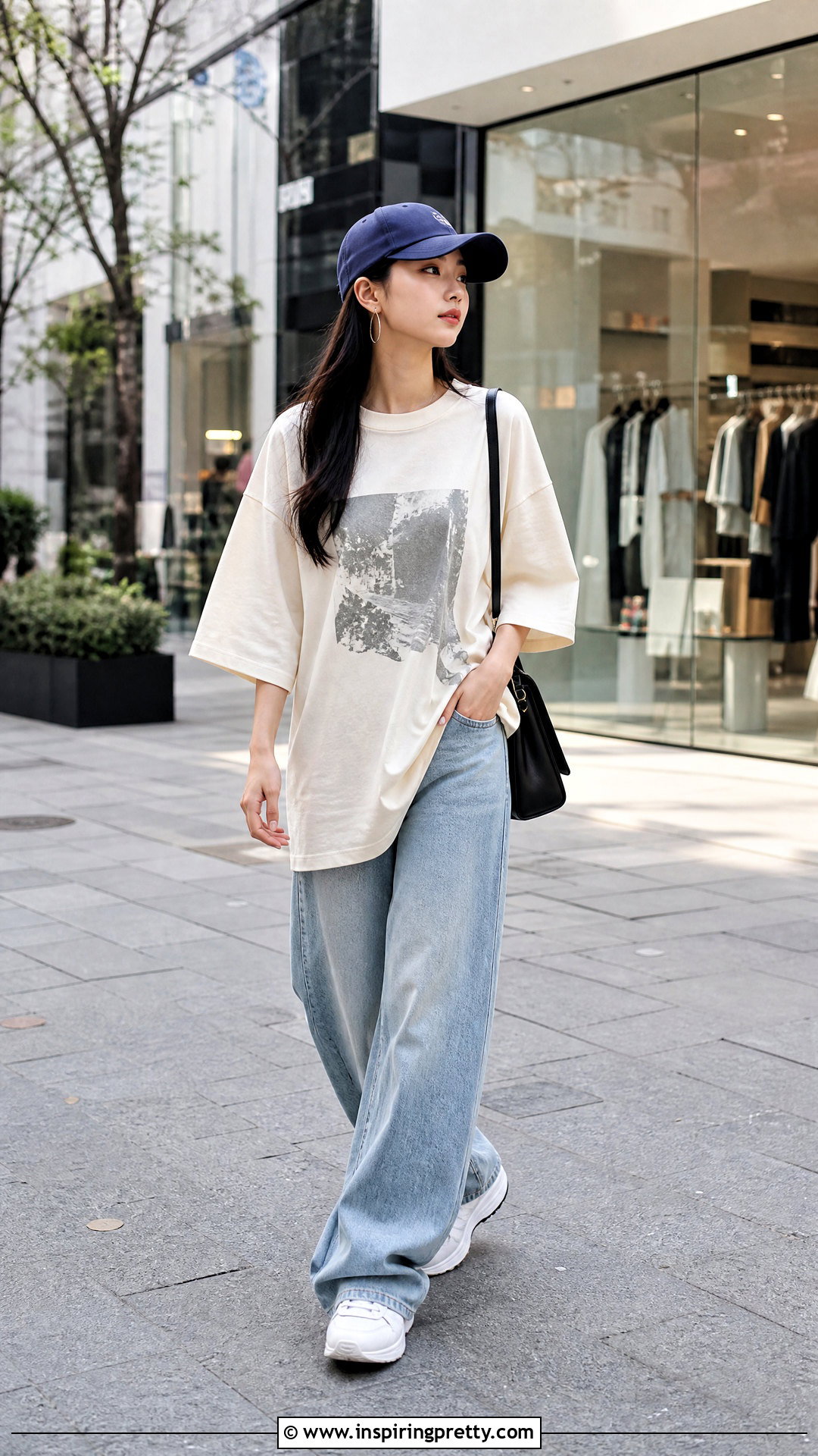 Korean Oversized T Shirt With Wide Leg Jeans - 50 cute korean tops outfit ideas