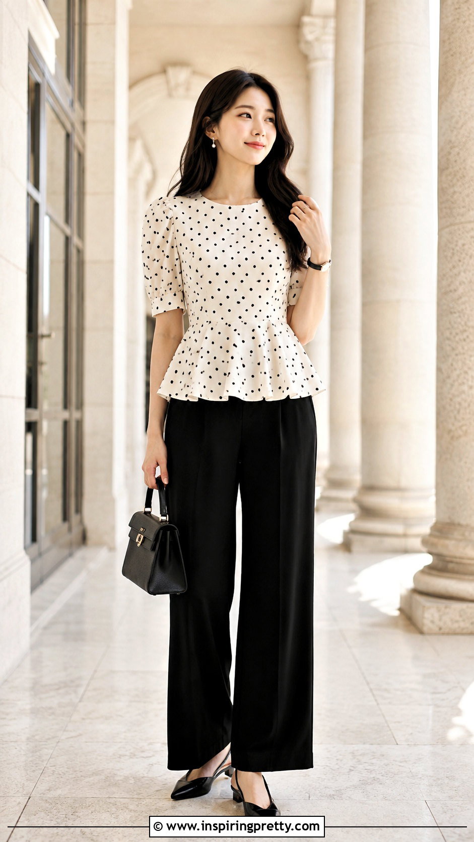 Korean Peplum Top And Wide Leg Trousers Outfit - 50 korean tops outfits