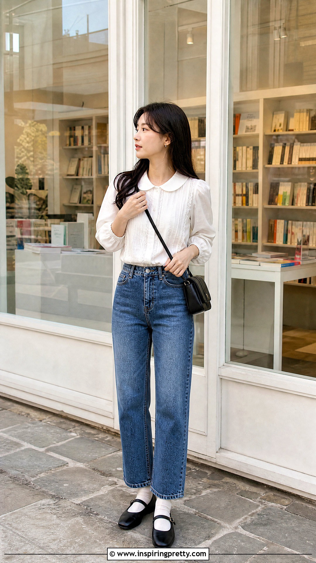 Korean Peter Pan Collar Blouse With Jeans - 50 korean tops outfit ideas