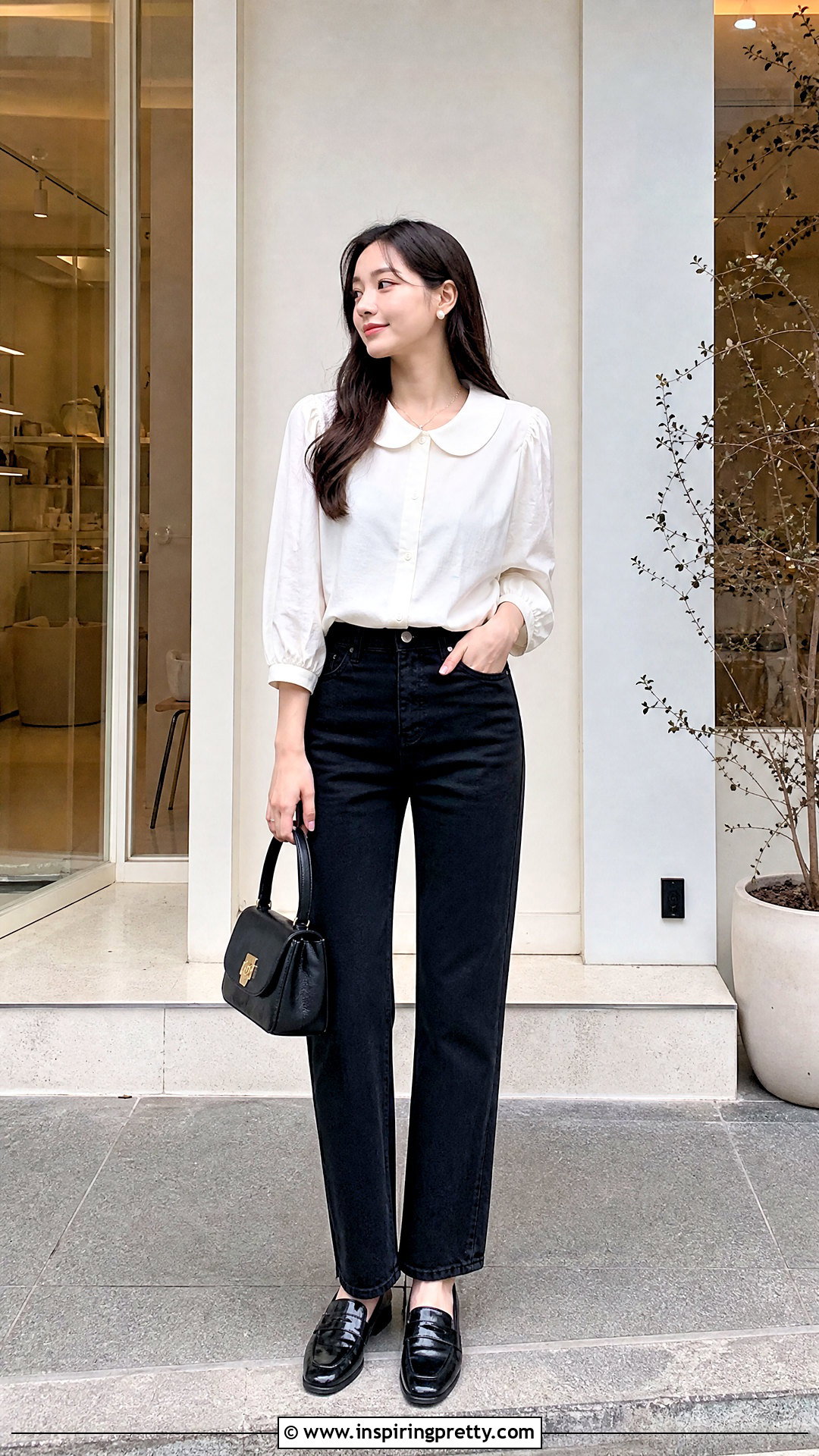 Korean Peter Pan Collar Top With Black Jeans - 50 korean tops designs