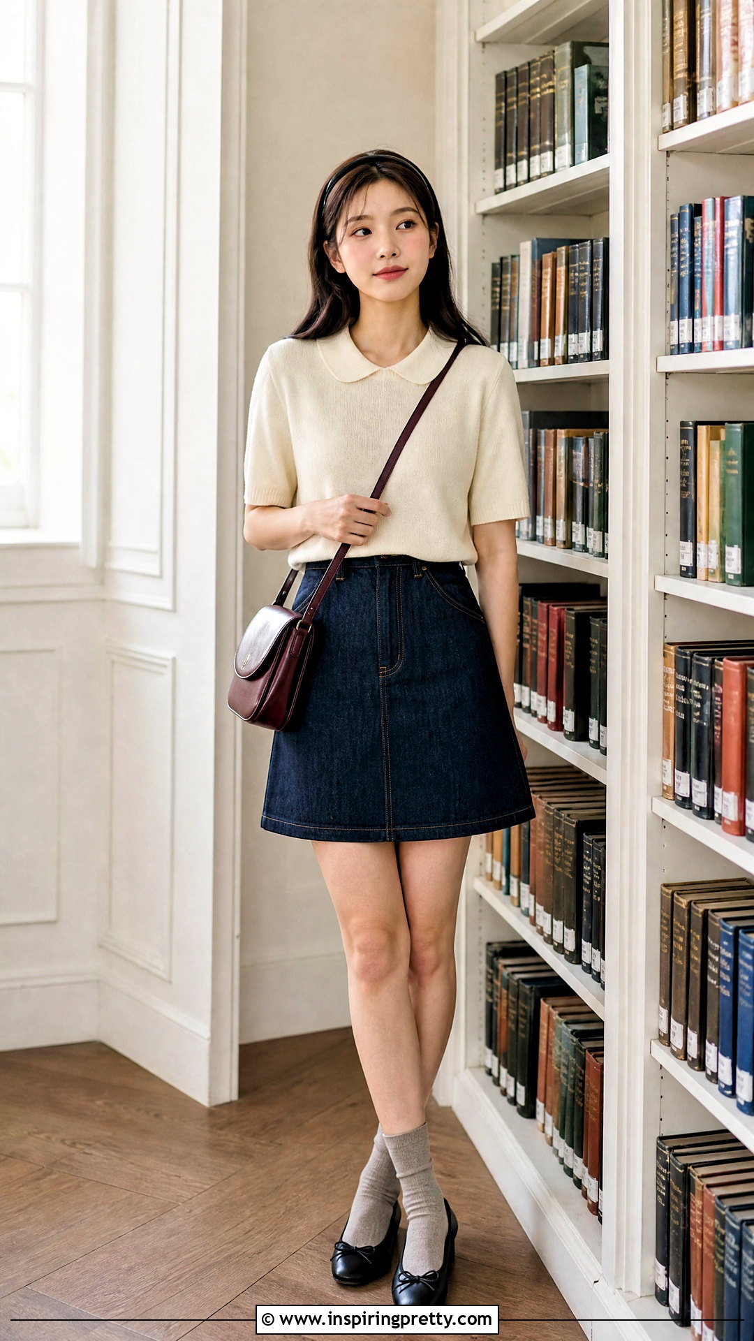 Korean Peter Pan Collar Top With Denim Skirt - 50 cute korean tops outfit ideas