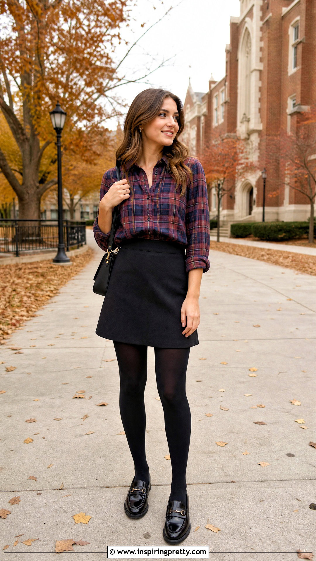 Korean Plaid Shirt With Black Mini Skirt - 50 cute korean tops outfit ideas